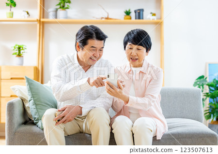 Senior couple looking at smartphone 123507613