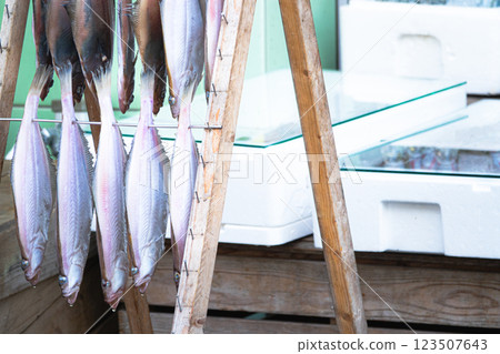 A scene of dried flounder hanging out to dry in front of a fish shop 123507643