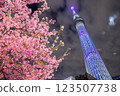 天空樹和櫻花被照亮 123507738