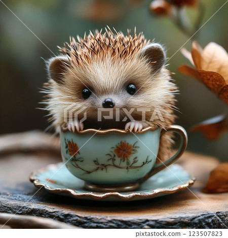 Tiny Hedgehog in a Cup of Tea Tiny Hedgehog in a Cup of Tea 123507823