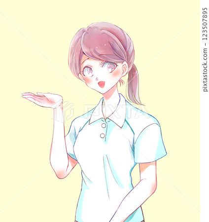 一位身穿 Polo 衫的女士在指路,護理人員,助手,面帶微笑 一位身穿 Polo 衫的女士在指路,護理人員,助手,面帶微笑 123507895