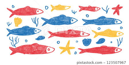 Fishes crayon doodle set. Sardines hand drawn scribble School of fish in the sea. Vector colorful nautical illustration by pencil isolated on white background. Chalk naive underwater life 123507967