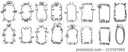 Doodle coquette frames with bows. Vintage scribble line wavy border with ribbons set. Vector cute curly rectangle and oval template for holiday menu. Minimalistic black cadre birthday hand drawn. 123507968