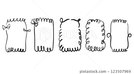 Doodle frames with bows. Vintage line wavy border with ribbons set. Vector cute scribble curly rectangle and oval template foe holiday menu. Minimalistic black cadre birthday hand drawn. 123507969