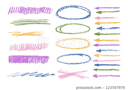 Chalk emphasis figure set. Crayon underline and arrows. Pencil scribble lines elements. Vector hand drawn brush stroke collection illustration on white background. Kids highlights handwritten shape 123507970