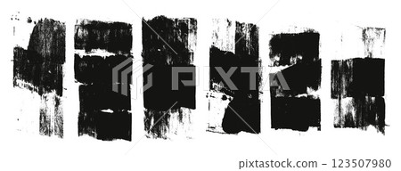 Ink streaks and callouts tag. Grunge brush paint stokes text boses. Brayer ink black merged lines. Thick paint rolled stripe stamps set. Chalk wide underlines. Vector smear labels banners background 123507980