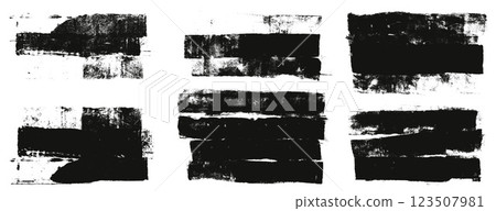 Ink streaks and callouts tag. Grunge brush paint stokes text boses. Brayer ink black merged lines. Thick paint rolled stripe stamps set. Chalk wide underlines. Vector smear labels banners background 123507981