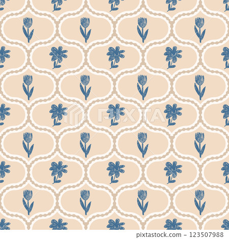 Flowers crayon drawn seamless pattern. Floral allover background. Damask botanic repeat backdrop. Surface pattern design spring ogee motif. Vector hand drawn illustration 123507988