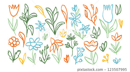 Flowers and leaves crayon drawn set. Spring tulip, daisy, chamomile and marguerite plants doodle. Summer floral kids floral shape. Vector pencil illustration isolated on white background. Flowers and leaves crayon drawn set. Spring tulip, daisy, chamomile and marguerite plants doodle. Summer floral kids floral shape. Vector pencil illustration isolated on white background. 123507995