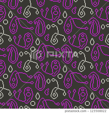 Pixel art paisley seamless pattern. Painted indian ornament 8 bit endless background. 90s line art repeat cover. Surface pattern design retro techno motif. Vector illustration 123508022