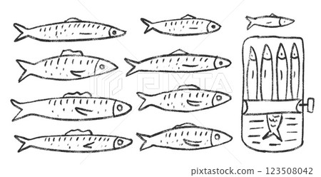 Sardines line doodle set. Canned fish hand drawn scribble. tinned fishes. Open sardine tin. Vector conserve eat illustration by pencil isolated on white background. Crayon or chalk naive seafood 123508042