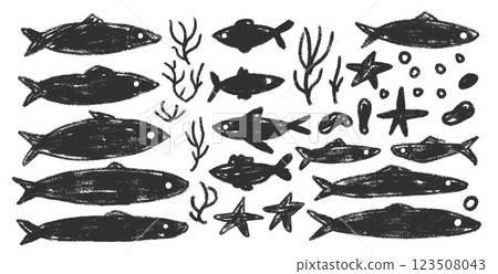 Fishes doodle set. Sardines hand drawn scribble School of fish in the sea. Vector monochrome nautical illustration by pencil isolated on white background. Crayon or chalk naive underwater life 123508043