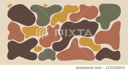 Liquid organic shapes silhouette set. Irregular splodge eco figures. Random abstract fluid. Uneven shape splashes. Wavy blob stains. Curvy flat drops. Vector hand drawn background illustration 123508052