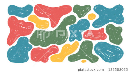 Colorful organic shapes set. Irregular crayon splodge figures. Abstract textured craft fluid. Uneven doodle shape splashes. Wavy blob stains. Curvy flat drops. Vector hand drawn naive illustration 123508053