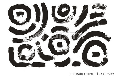 Brush stroke squiggle and circles lines. Vector hand drawn wave round paint shapes composition. Abstract curve calligraphy graphic line silhouette. Doodle paintbrush wavy grunge simple illustration 123508056