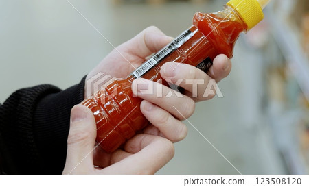 Carefully choosing hot sauce in busy store, reading label for spicy flavor. A customer in black studies the label on a bottle of sauce. Deliberately selecting hot sauce in crowded store 123508120
