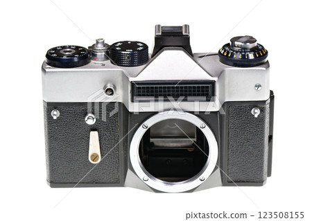 Vintage 35mm film camera without a lens isolated on white Vintage 35mm film camera without a lens isolated on white 123508155
