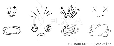 Dizzy effect, headache, sick drawing doodle comic set. dizziness faces, stars overhead anime emotions, crazy hand drawn line collection. 123508177