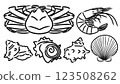 手繪海鮮墨水畫插畫（螃蟹、蝦子、扇貝、頭巾）向量集 123508262