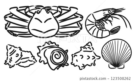 Hand-drawn seafood sumi-e illustration (crab, shrimp, scallop, turban) vector set 123508262