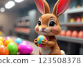 Chocolate Factory for the production of colorful painted Easter eggs, bunny on the production line holds a beautiful patterned egg in its paws, a pink factory. 123508378