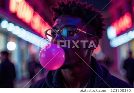 A cheerful young man in a colorful neon setting, joyfully enjoying bubblegum, radiating energy 123508380
