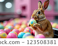 Chocolate Factory for the production of colorful painted Easter eggs, bunny on the production line holds a beautiful patterned egg in its paws, a pink factory. 123508381