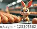 Chocolate Factory for the production of colorful painted Easter eggs, bunny on the production line holds a beautiful patterned egg in its paws, a pink factory. 123508382