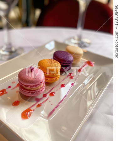 French Macarons Elegantly Displayed on a Decorated White Plate French Macarons Elegantly Displayed on a Decorated White Plate 123508460