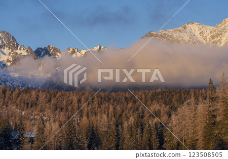 Setting sunlight on mountain hills. Tatra Mountains. Strbske Pleso area. Slovakia. Setting sunlight on mountain hills. Tatra Mountains. Strbske Pleso area. Slovakia. 123508505