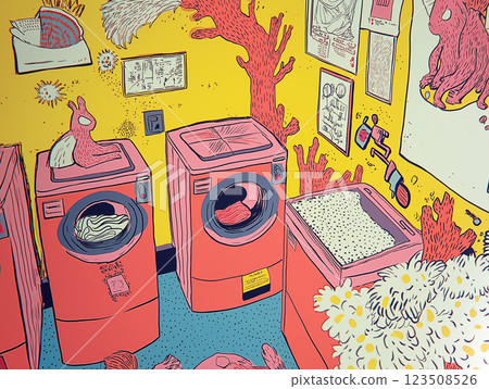 Inside a laundromat, a row of washing machines offers a convenient and functional service for clothes washing. The facility is equipped with many automated appliances, creating an efficient Inside a laundromat, a row of washing machines offers a convenient and functional service for clothes washing. The facility is equipped with many automated appliances, creating an efficient 123508526