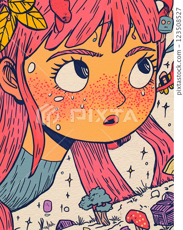 A close-up cartoon portrait of a young redhead girl with big eyes, her expression a mix of disappointment and surprise. A whimsical, fantastic cartoon illustration, reminiscent of Alice in Wonderland. A close-up cartoon portrait of a young redhead girl with big eyes, her expression a mix of disappointment and surprise. A whimsical, fantastic cartoon illustration, reminiscent of Alice in Wonderland. 123508527