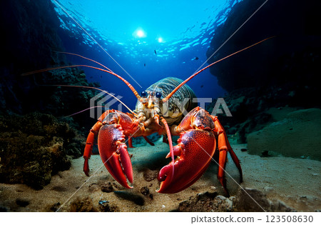 The lobster's bright red claws and long, delicate antennae stand out against the deep blue ocean background. Sunlight filters through the water, illuminating the sandy ocean floor. 123508630