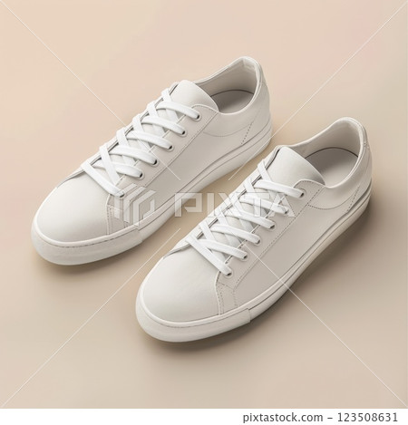 White Sneakers on Neutral Background Highlighting Details 123508631