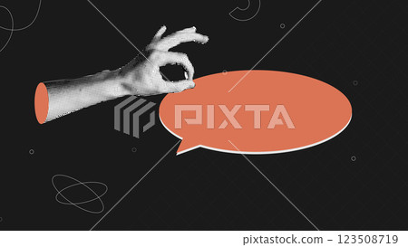 Trendy Halftone Collage with Hand holding one speech bubbles.Contemporary art.Social media.Empty space for text.Creative abstract template on dark background. Trendy Halftone Collage with Hand holding one speech bubbles.Contemporary art.Social media.Empty space for text.Creative abstract template on dark background. 123508719