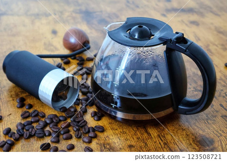 Black coffee and coffee grinder Black coffee and coffee grinder 123508721