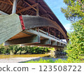 Wooden bridge close-up over the river 123508722