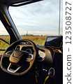 Steering wheel in truck cabin close up 123508727