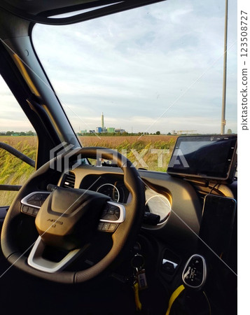 Steering wheel in truck cabin close up Steering wheel in truck cabin close up 123508727