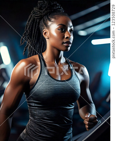 woman working out in the gym. She is wearing a sleek gray sports bra, showcasing her toned physique. Her natural curls are tied back into a high ponytail. 123508729