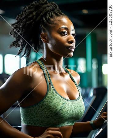 woman working out in the gym. She is wearing a sleek gray sports bra, showcasing her toned physique. Her natural curls are tied back into a high ponytail. 123508730