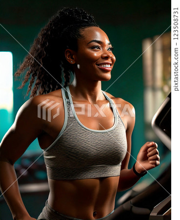 woman working out in the gym. She is wearing a sleek gray sports bra, showcasing her toned physique. Her natural curls are tied back into a high ponytail. woman working out in the gym. She is wearing a sleek gray sports bra, showcasing her toned physique. Her natural curls are tied back into a high ponytail. 123508731
