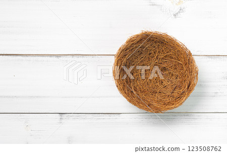 Empty Bird's Nest on White Wooden Background 123508762