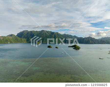 Drone view of boats in Siete Pecados and Coron Island. Palawan. Philippines. 123508825