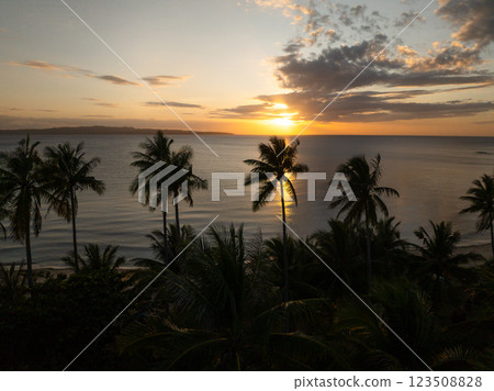 Tropical beach with coconut trees. Cloudy sunset over the sea in Santa Fe, Tablas, Romblon. Philippines. Tropical beach with coconut trees. Cloudy sunset over the sea in Santa Fe, Tablas, Romblon. Philippines. 123508828
