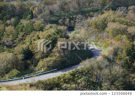 A winding road through a mountain pass with autumn leaves A winding road through a mountain pass with autumn leaves 123508848