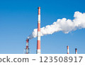 plant chimney smoke air pollution oil refinery building sky background 123508917