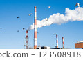 plant chimney smoke air pollution oil refinery building sky background 123508918