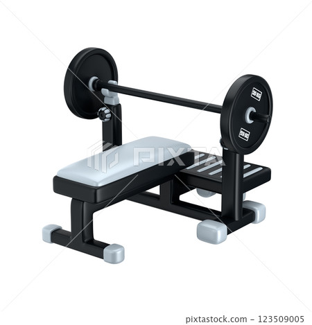 Stylized bench press rack with barbell on it isolated over white background, 3d render  123509005