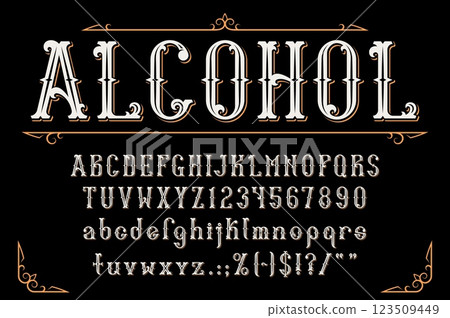 Western whiskey label font, retro tattoo typeface, alcohol bar type, old english alphabet vector typography. Vintage gothic letters and numbers, victorian flourishes frame corners, whiskey font abc Western whiskey label font, retro tattoo typeface, alcohol bar type, old english alphabet vector typography. Vintage gothic letters and numbers, victorian flourishes frame corners, whiskey font abc 123509449